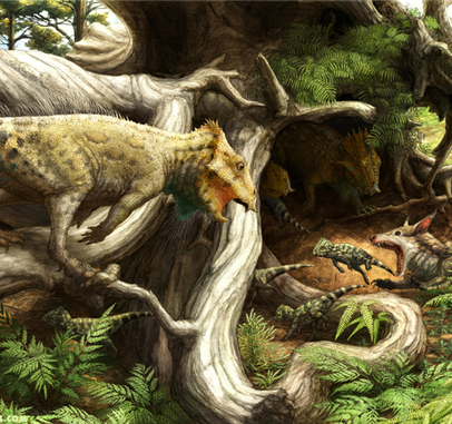 Illustration of pre-historic animals among green ferns and the undergrowth of a large tree with exposed twisting roots.