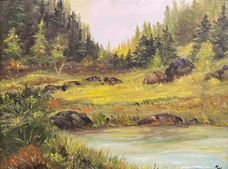 Landscape painting of mountain creek in the foreground, a small meadow with rocks leading up to a pine tree forest.