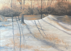 Lanscape painting of a snowy scene of tree shadows from bare trees with drifts beneath them and dry grass sticking up through the snow